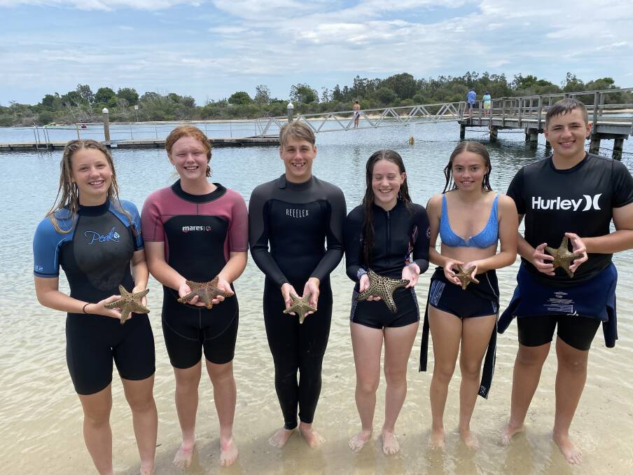 Great Lakes College, Tuncurry campus Year 9 (2021) marine and aquaculture technology students, Bethany Kauter, Kaiden Franks, Ethan Smith, Taylee Ede, Hannah Zigman and Levi Camilleri. 