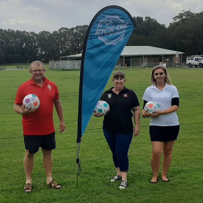 Northern NSW Football Club development officer, Phillip Andrews with Great Lakes United Kick-On for Women co-ordinators and facilitators, Alysha McGrath and Lesley Campbell.