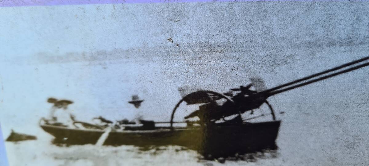 Photo of horse swimming behind the ferry boat 1890.