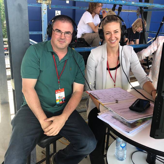 Canberra NPL commentator Russ Gibbs alongside Grace Gill. Picture: supplied
