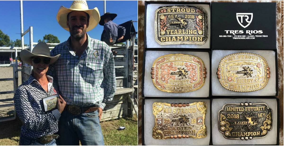 Heidi Yates, with family friend, Brian Scott, proudly shows off her buckle. And, right the buckles for The 6EY Stroud Futurity.
