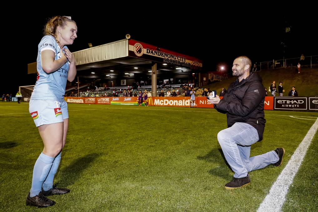 The moment: Rhali's partner Matt proposed to her just after full-time in her farewell to Melbourne city.