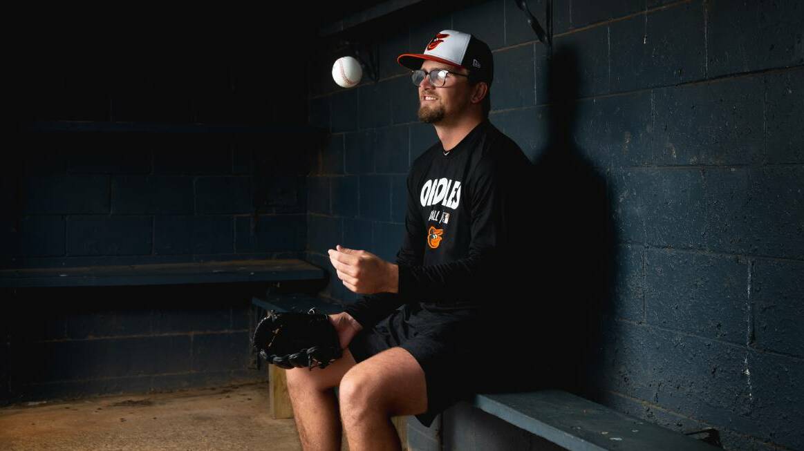 Belmont pitcher Alex Wells at his old home ground Miller Field. The left-hander returns to the Baltimore Orioles in 2022, having made his Major League Baseball debut last year. Picture: Marina Neil
