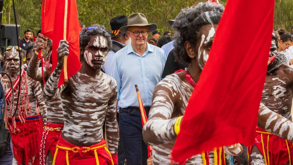 Prime Minister of Australia Anthony Albanese with Yolngu men during Garma Festival 2022 at Gulkula on July 29. Picture: Getty Images
