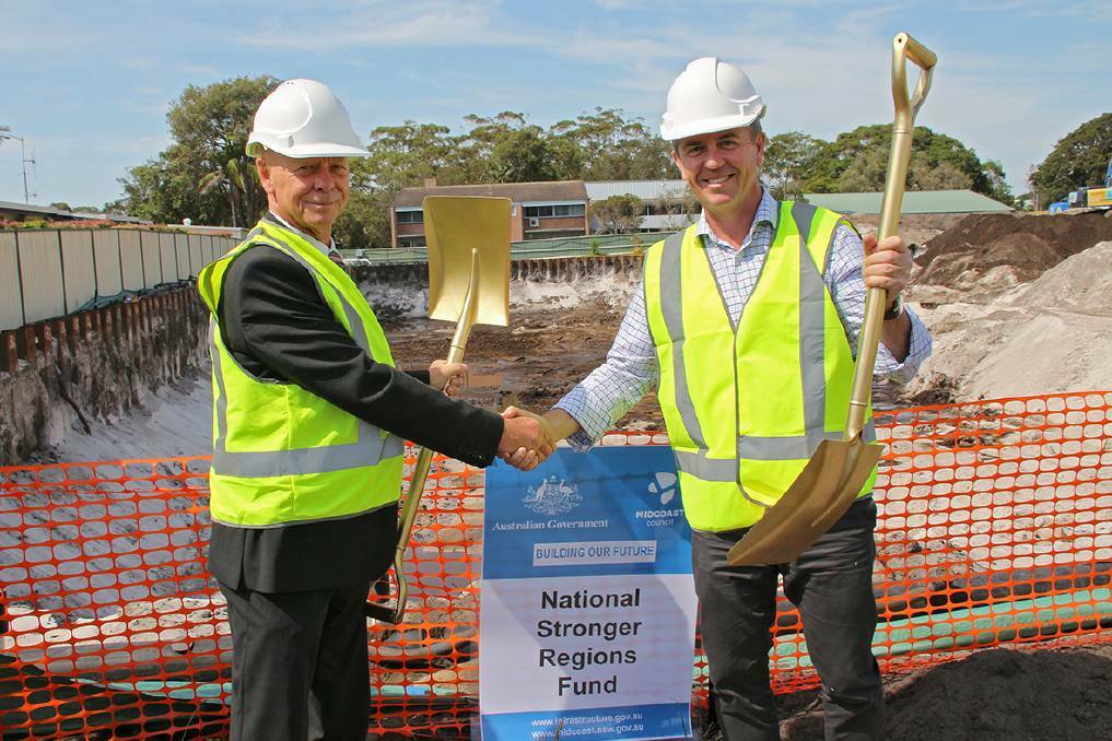 MidCoast Council mayor David West and Lyne MP David Gillespie at the official start of the Forster Civic Precinct build in January 2019.