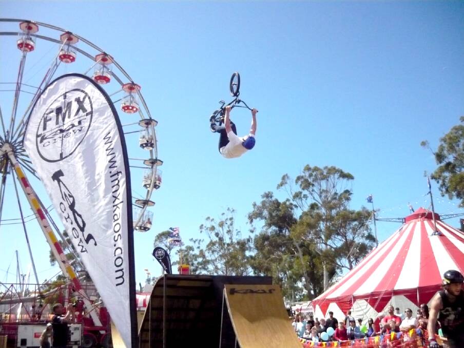 Thrills: FMX KAOS International Motorcycle Freestyle Team will bring 15 years’ experience in extreme entertainment to the 2017 Bulahdelah Show.