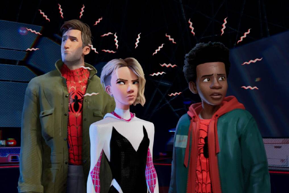 Animated style: Peter B Parker (Jake Johnson), Gwen Stacey (Hailee Steinfeld), and Miles Morales (Shameik Moore) in Spider-Man: Into the Spider-Verse. Great Lakes Cinema 3 session details page 3.