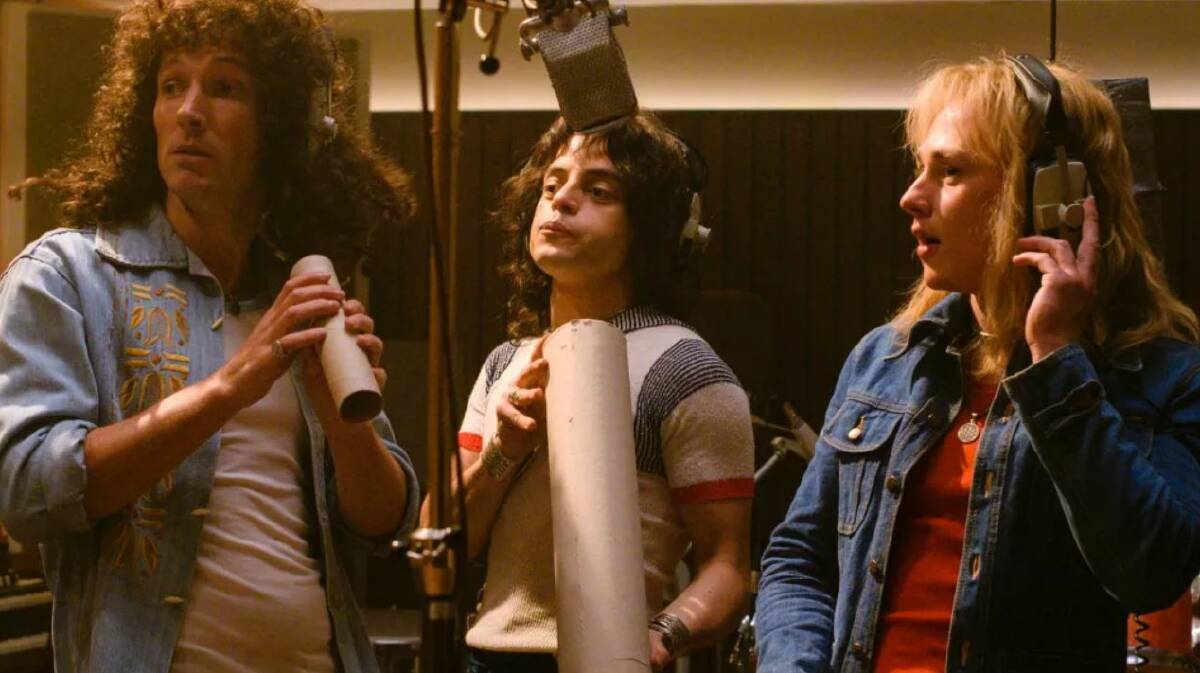 Killer Queen: Brian May (Gwilym Lee); Freddie Mercury (Rami Malek) and Roger Taylor (Ben Hardy) in Bohemian Rhapsody. See Great Lakes Cinema 3 session details page 3. Photo: Alex Bailey