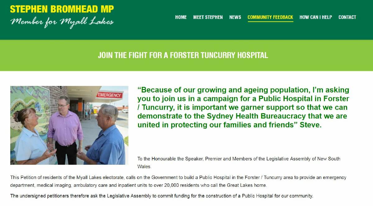 The website of MP Stephen Bromhead features the online petition urging people to "join the fight for a Forster-Tuncurry Hospital". Source: stephenbromhead.com.au