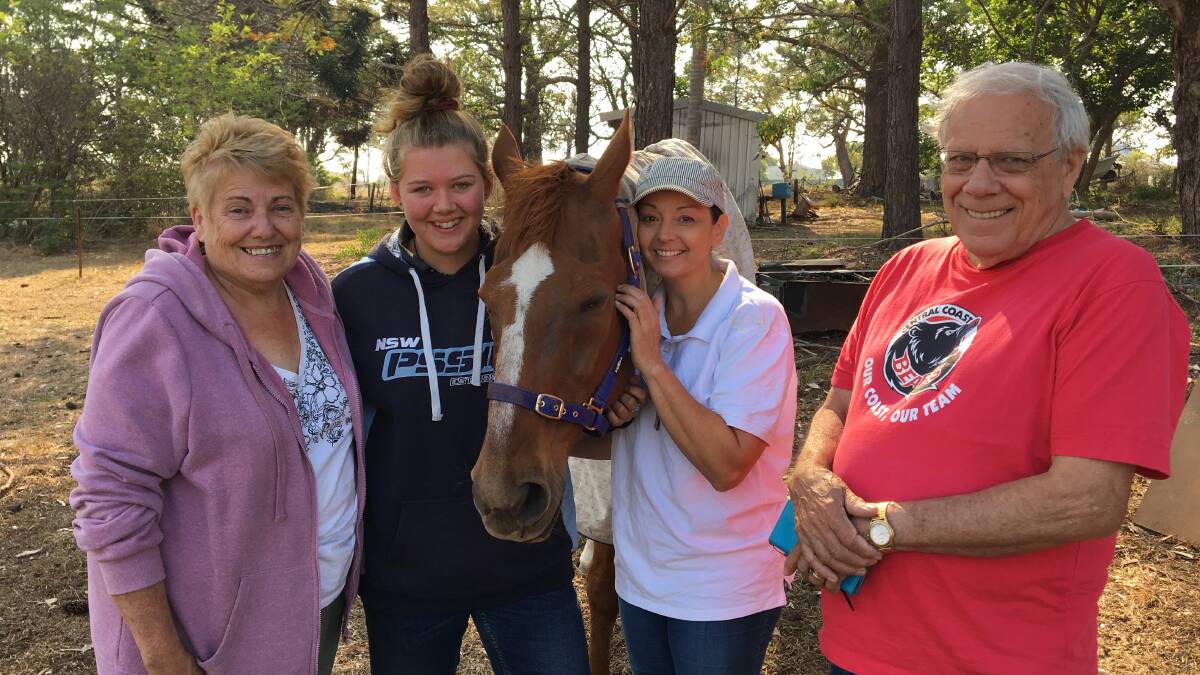 Sense Of Relief: Old Bar horse-owners Carole Isaacs, Natalia Hoawerth, Anamaree Correia and Bill Robertson with Red the horse.