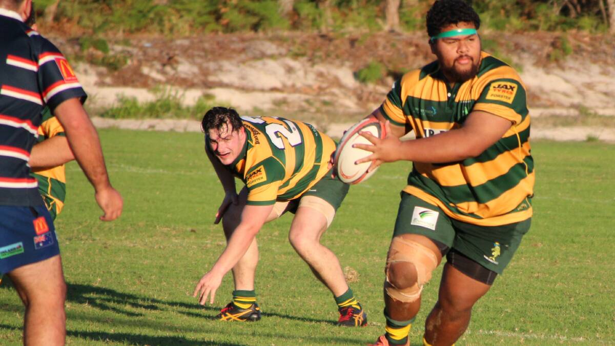 Forster Tuncurry's new Tongan prop forward, Austin Latu, looks for another opportunity to put the Dolphins over. (Photo: Sue Hobbs)