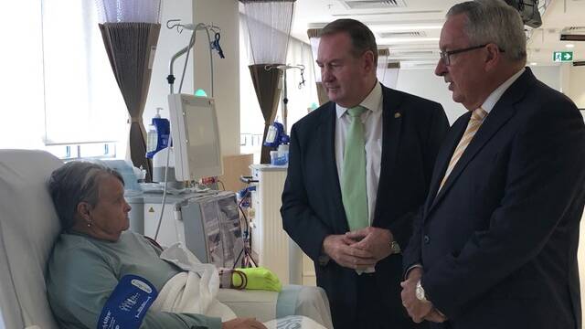 Member for the Myall Lakes Stephen Bromhead and NSW health minister Brad Hazzard meet with Manning Hospital patient Helen Lawson in the lead-up to the 2019 State election.