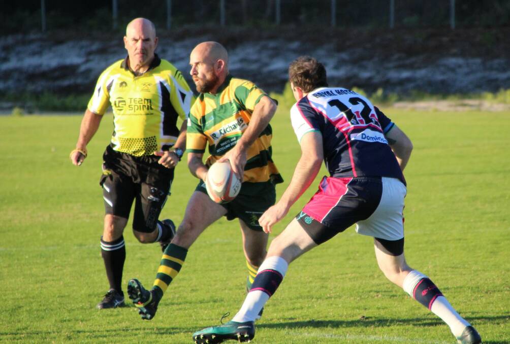 Tom Harris' last-minute try made the difference against the Manning River Ratz. Photo by Sue Hobbs.