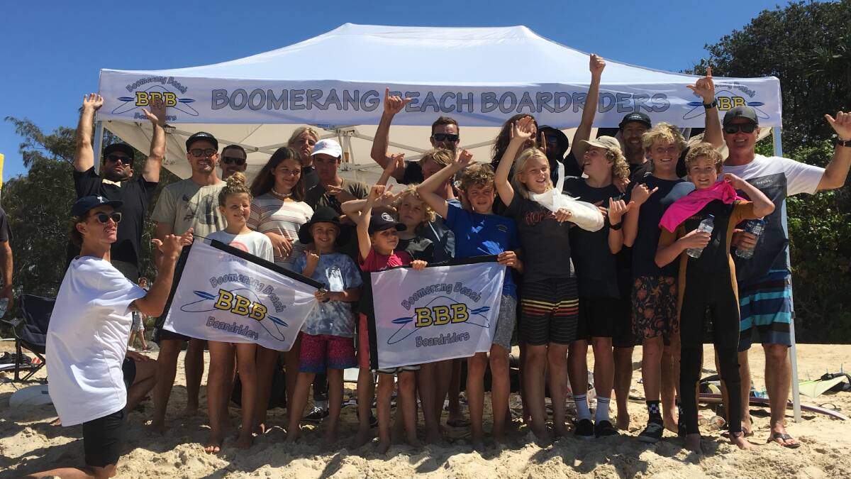 Boomerang Beach Boardriders celebrate their big performance at the 2019 Kirra Junior Teams Challenge.