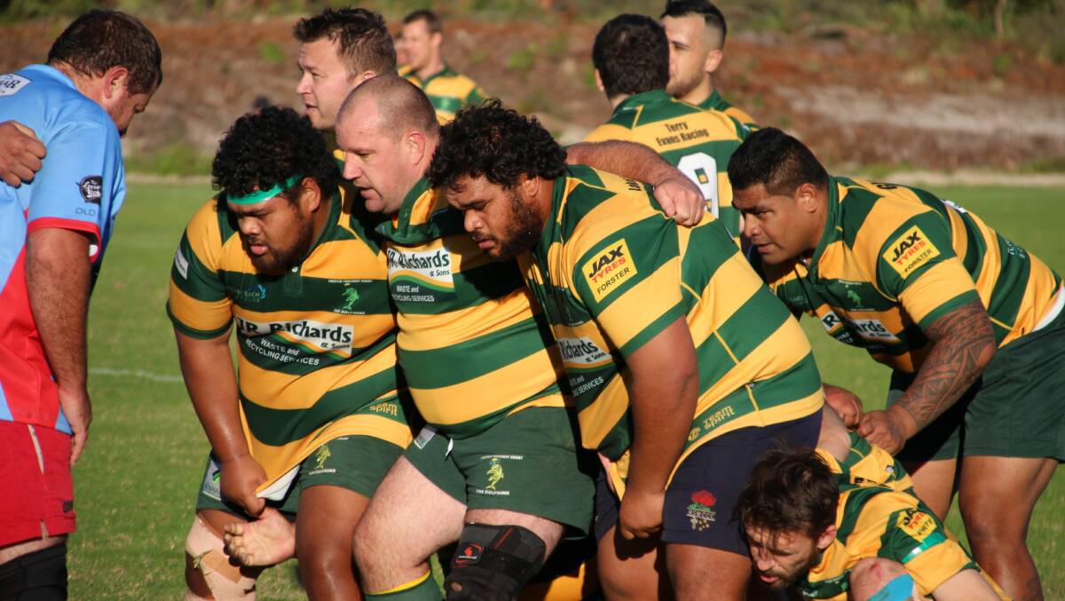 The Dolphins front row trio of tight-head Austin Latu in the green headband, hooker Gavin Maberly-Smith and loose-head Ringo Latu, and at rear, man of the match, second-rower Hau Honemau. Photo by Sue Hobbs.