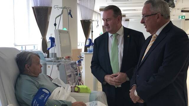 Hospitals and Health: Member for Myall Lakes Stephen Bromhead and NSW health minister Brad Hazzard meet with Manning Hospital patient Helen Lawson.