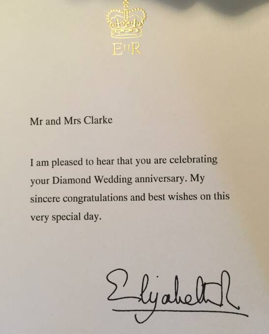 The letter Les and Fay received from Queen Elizabeth congratulating them on their diamond anniversary.