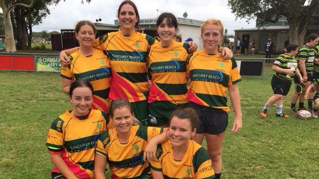 Dolphinettes Are Ready: Alison Hobbins, Bianca Rugari, Daniela Crowther, Emily Kennedy, Savannah Clements, Dani Lewis and Genevieve Smythe at Port Macquarie last season.