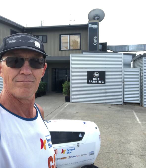 'Run around Australia' man, Andre Jones, outside the Nabiac Hotel after another long day of running.