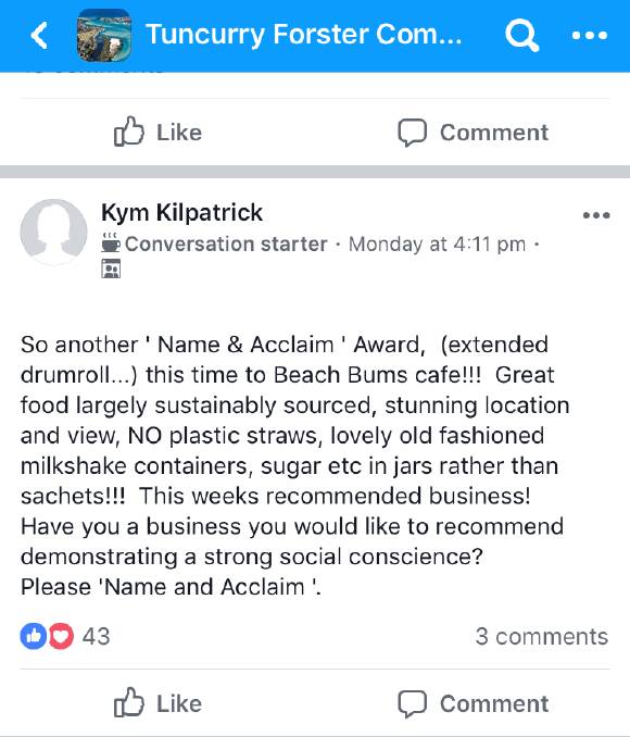 Kym Kilpatrick names and acclaims Forster business Beach Bums Cafe.