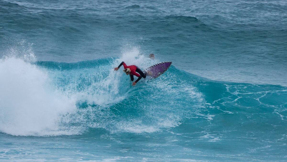 Zeb Watts on his way to claiming wins in two divisions at Boomerang Beach Boardriders club's June competition. Photo Kian Bates/Raw Edge Photography