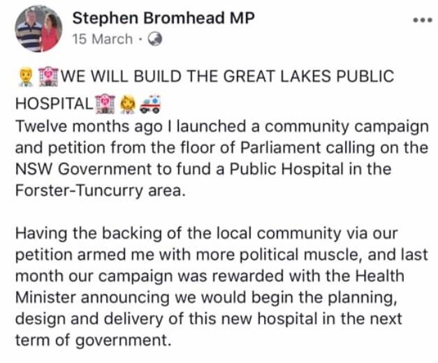 Stephen Bromhead's Facebook post from March 15, 2019, eight days before the NSW State election.