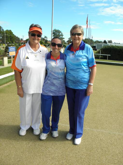 Lower North Coast District Womens Bowling Association President Diedre Crichton and Tuncurry Beach Womens Bowling Club President Kay Phibbs were on hand to celebrate Sarahs success.