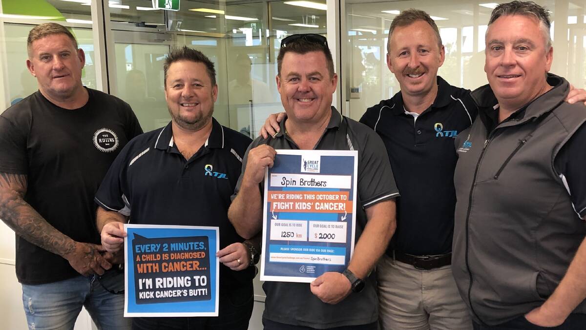The Spin Brothers: Mathew Smith, Tony Lumtin, Dean Glover, Shaun Davison and Matt McQuillan will be hopping on their bikes through October to raise money for childhood cancer research.