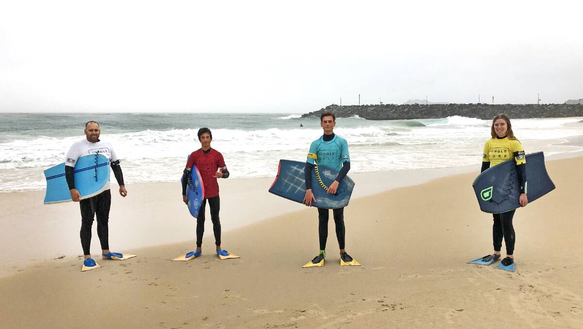 Before The Storm: Forster Bodyboarding Club members Craig Peterson, Haydon Pisani, Yianni Paradisis and Millie Chalker line up for their heat in the club's July contest, which was ultimately abandoned. Photo: Shane Chalker.