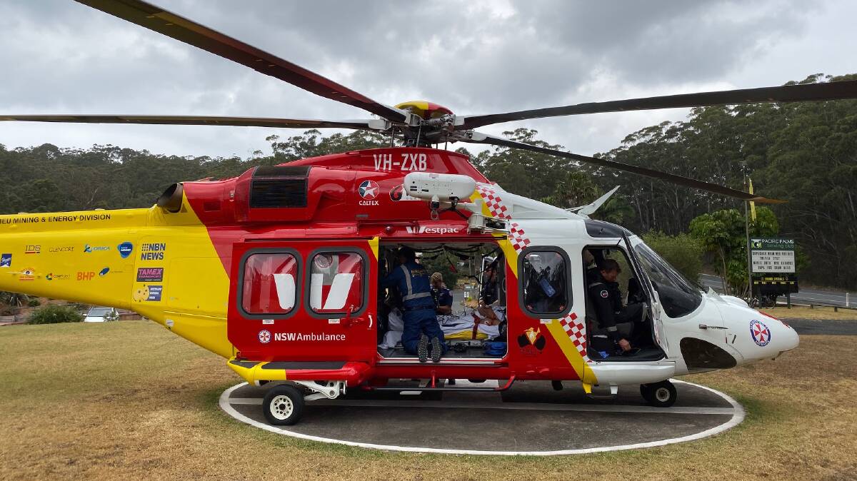 A 29-year-old woman was airlifted from Hawks Nest after falling on rocks.
