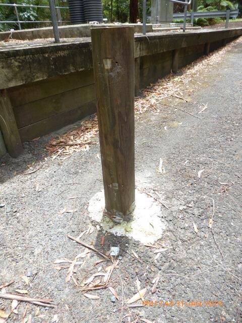 One of the bollards at Eagle Nest Drive used to hold the stolen boom gate in place. 