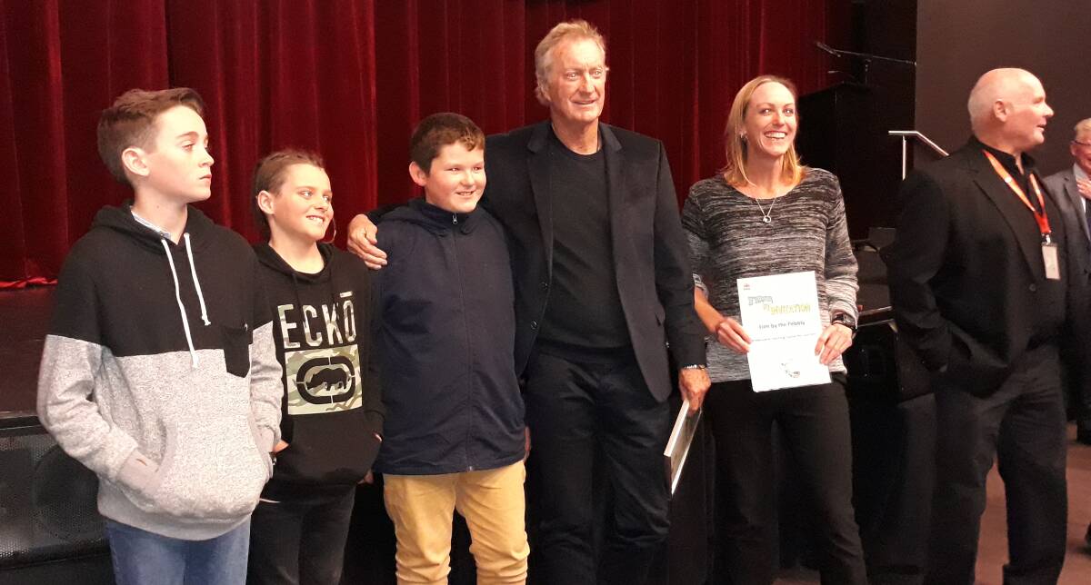 Children and teachers involved in 'Film by Pebbly' with actor and film festival patron Bryan Brown.