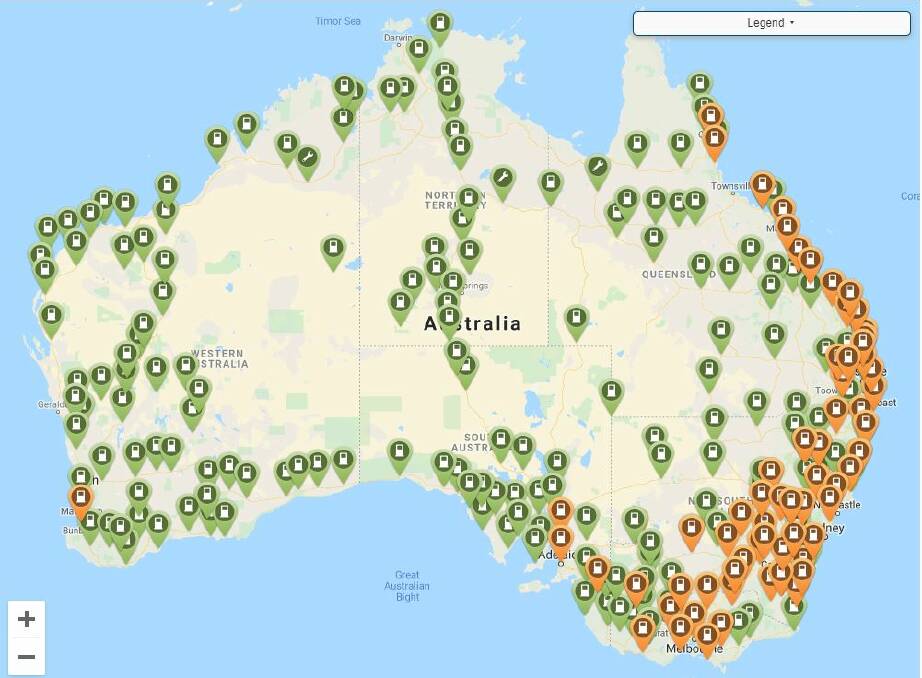 A map showing the extent of Australia's electric vehicle charging station network.