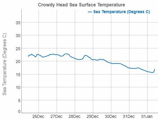 An MHL graph shows the drop in sea surface temperatures at Crowdy Head in the past few days.