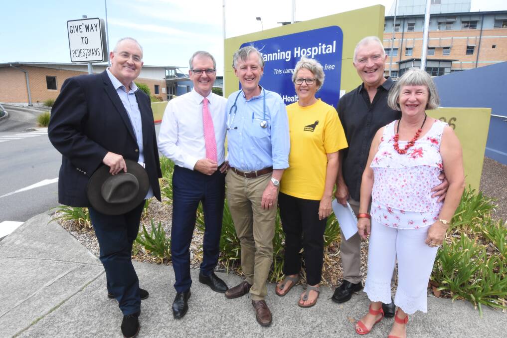Pledge: NSW Shadow Health Minister Walt Secord, NSW Opposition Leader Michael Daley, Labor candidate for Myall Lakes Dr David Keegan, Manning Valley Push 4 Palliative spokesperson Robyn Lee, Eddie and Trish Wood outside of Manning Hospital.