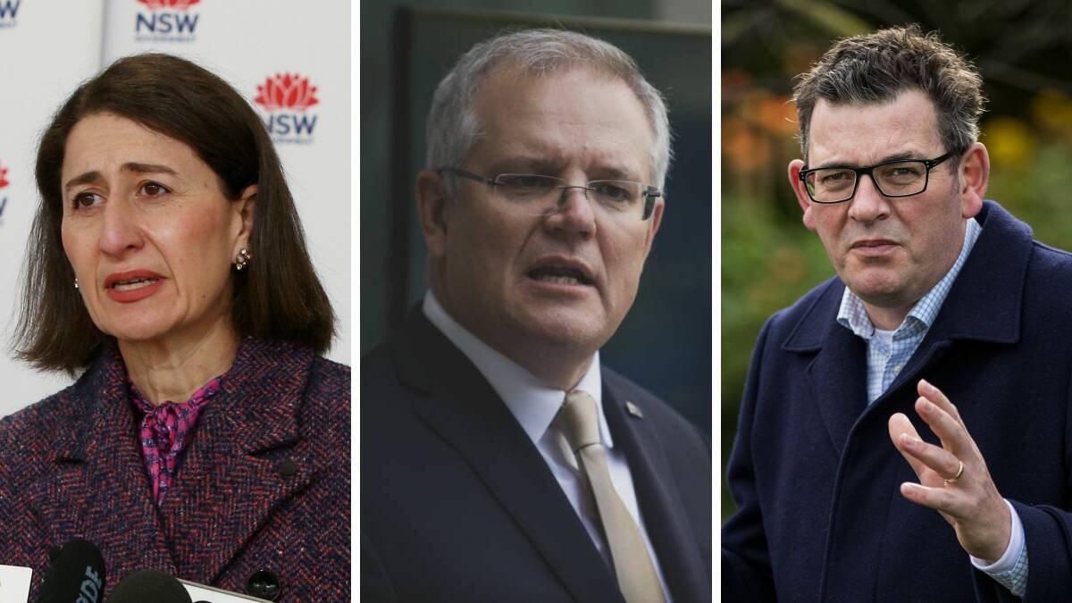 NSW Premier Gladys Berejiklian, Prime Minister Scott Morrison, Victorian Premier Daniel Andrews. Pictures: Getty Images, Dion Georgopoulos