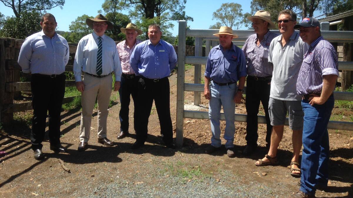 Myall Lakes' local member Stephen Bromhead with stakeholders at Nabiac’s cattleyards on Tuesday. No State funding was committed specifically to the yard repairs (council did receive approx. $350,000 to upgrade lighting and water at the showground last year), but said it will seek future funding opportunities. Photo by Catherine Brill. 