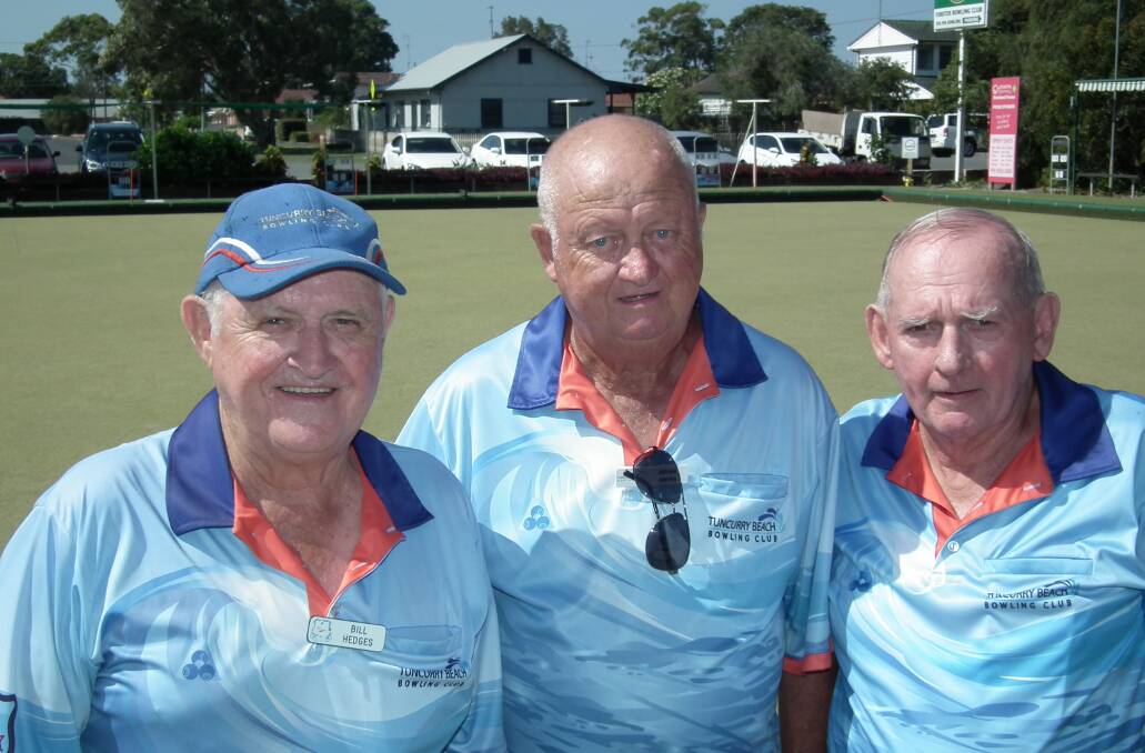Runners up, Bill Hedges, Brian Smith and Stewart Bills from Tuncurry Beach. Photo credit: Noel James.