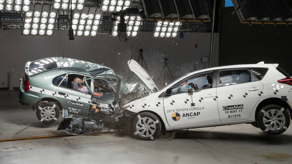 The 1998 and 2015 cars being crash tested.