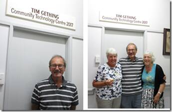 Tim in front of the door to the newly named Tim Gething community technology centre with fellow volunteers Sheila Perrotet and Jillian Wood.