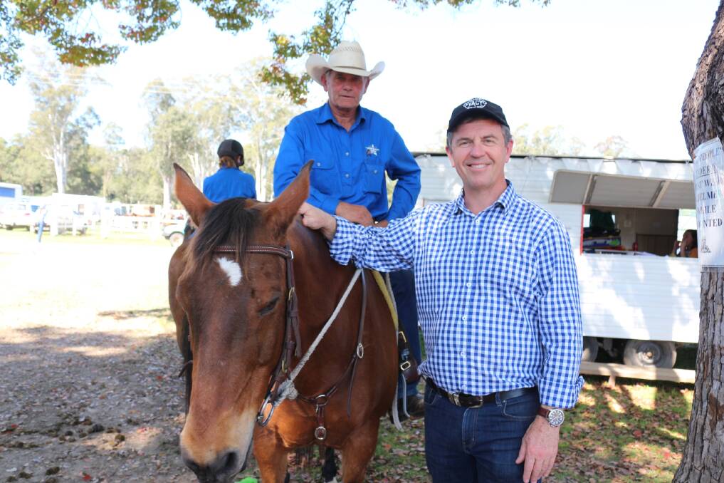Stroud Rodeo association's Mike Tuit and his horse Durack with Federal Member for Lyne Dr David Gillespie MP.
