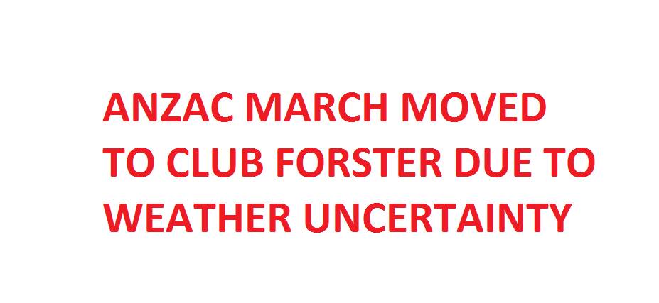 Anzac Day march moved to Club Forster due to wet weather
