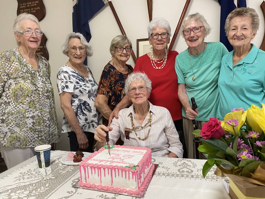 Thank you and farewell: Ruby Riley (seated) with Faye Leadbeater, Margaret Goodacre, Yvonne Bentley, Vera Mathieson, Carol Muir and Betty Henry at the Taree War Widows 20th anniversary luncheon. Photo: Julia Driscoll