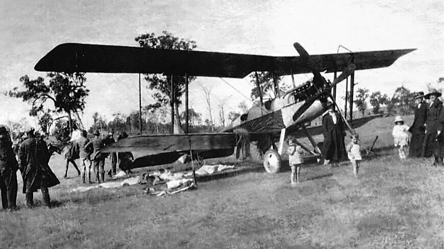 The first plane to land in Wingham: Lieutenant Stanley W Bird's BE2e. Photo: Manning Valley Historical Society