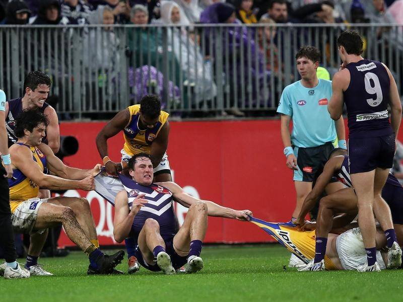 Fremantle have scored a 24-point AFL win over West Coast in a fiercely-contested western derby. (Gary Day/AAP PHOTOS)