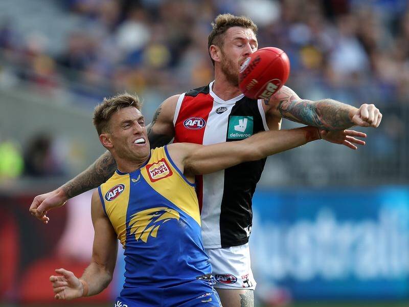 Tim Membrey battles for the ball with Brad Sheppard as the Eagles edged the Saints in the AFL.