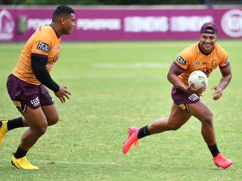 Tesi Niu (r) is poised to make his NRL debut in round for when Brisbane face the Sydney Roosters.