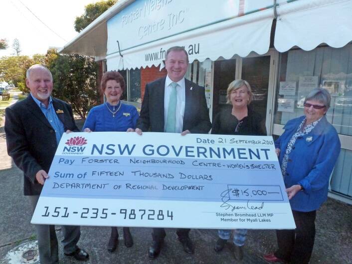 Great Lakes Council (GLC) councillor Jim Morwitch, GLC mayor Jan McWilliams, Member for Myall Lakes Stephen Bromhead, Forster Neighbourhood Centre manager Trish Wallace and Great Lakes Women's Shelter president Julie Brady.  