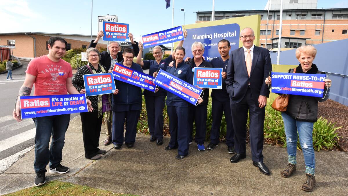 Support: NSW Opposition Leader Luke Foley with Myall Lakes Labor candidate Dr David Keegan and Manning Hospital staff. Photo: Scott Calvin.