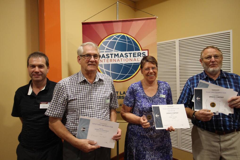 Colin Steber (Toastmasters Area 5 Director), Trevor Fardell (runner up in the Evaluation contest0, Margaret Wright (winner of the International Speech Contest) and Graham Barnes (winner of the Evaluation Contest and runner up of the International Speech Contest).